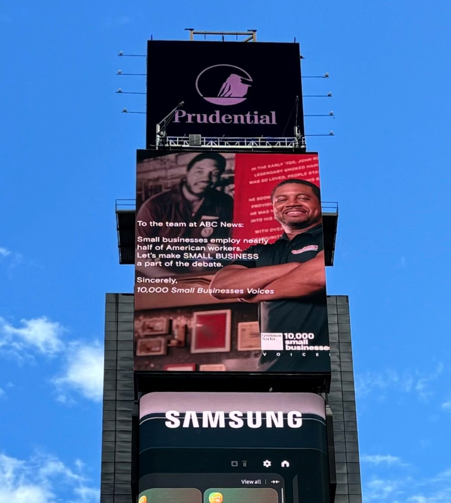 Billboards in Times Square purchased by Goldman Sachs urging Trump and Harris to address small business policies