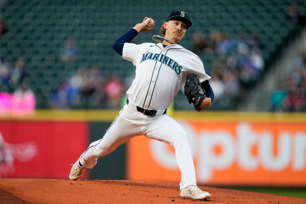 Seattle Mariners starting pitcher Bryce Miller throws against the Texas Rangers during the first inning of a baseball game Thursday, Sept. 12, 2024, in Seattle. 