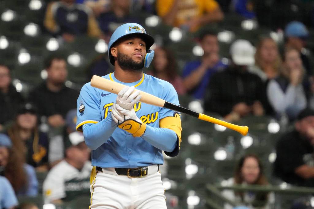 t 18:52 
Milwaukee Brewers' Jackson Chourio reacts to getting walked during the eighth inning of a baseball game against the Colorado Rockies, Friday, Sept. 6, 2024, in Milwaukee.