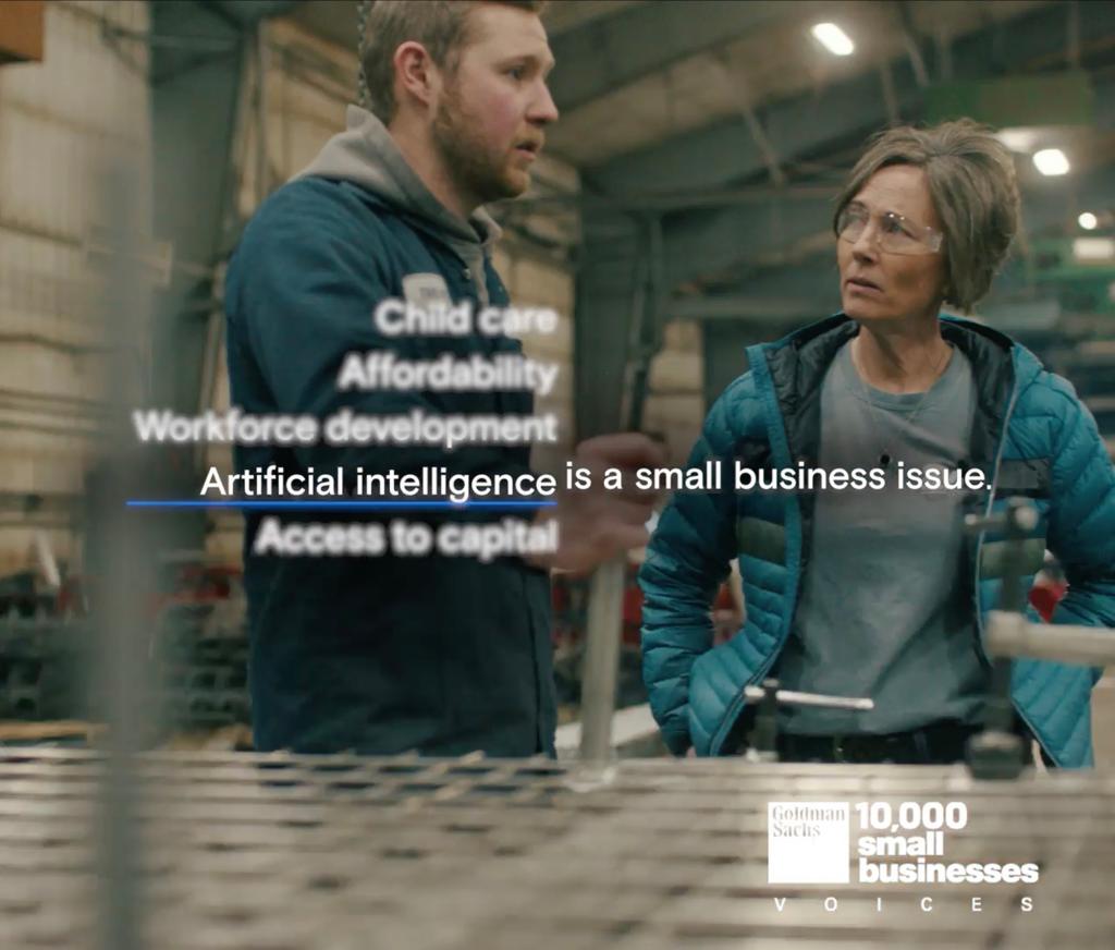 A man and woman standing in a warehouse for a Goldman Sachs small business advertisement