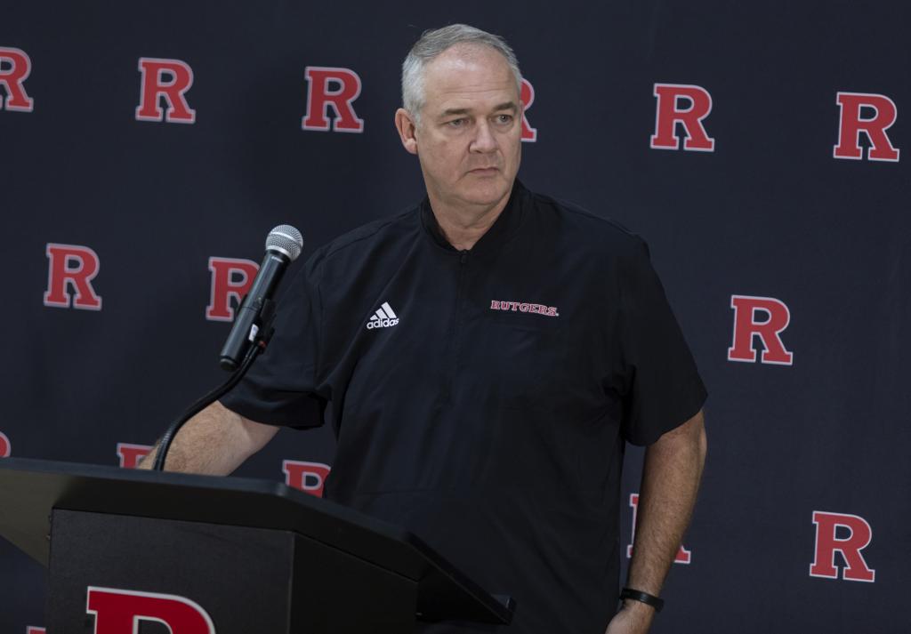 Rutgers coach Steve Pikiell talks with reporters during Media Day.