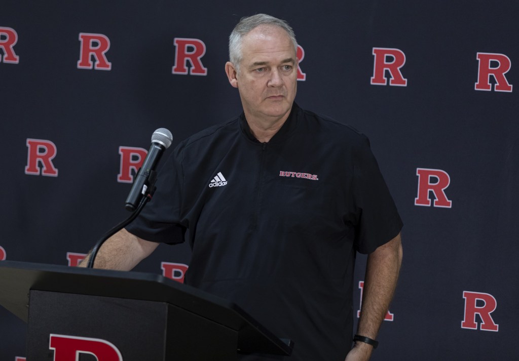 Rutgers coach Steve Pikiell talks with reporters during Media Day.