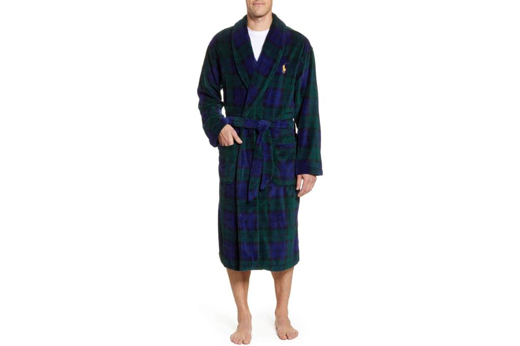 A man in a thick plaid robe.