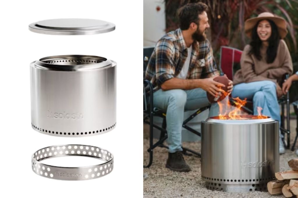 Two photos, one of a sola stove, and the other of two people sitting around the fire pit Solo Stoa