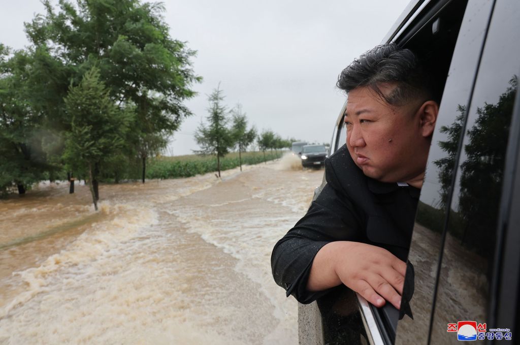 North Korean leader Kim Jong-un touring the flooded areas of the nation in July.