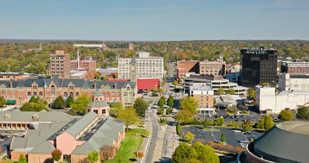 Aerial still of Springfield, a city in Clark County, Ohio