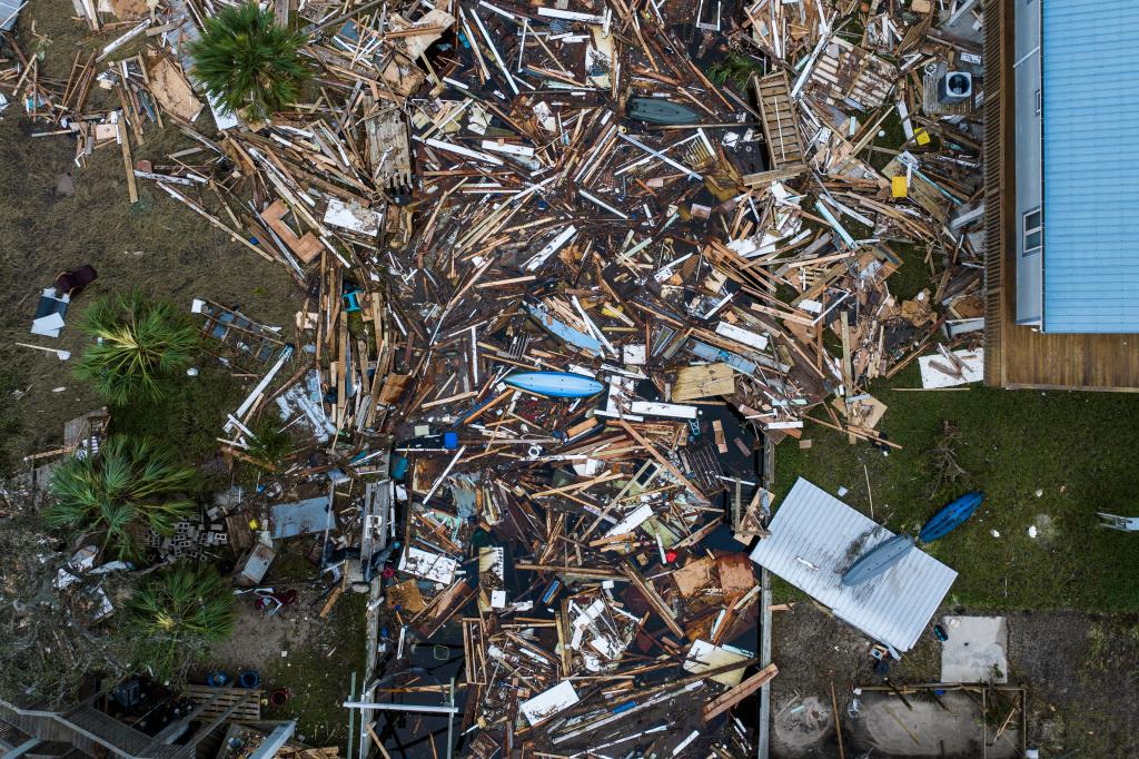 Aerial view of destroyed houses and debris in Horseshoe Beach, Florida, after Hurricane Helene in September 2024