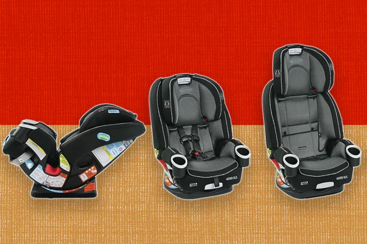 A group of baby car seats