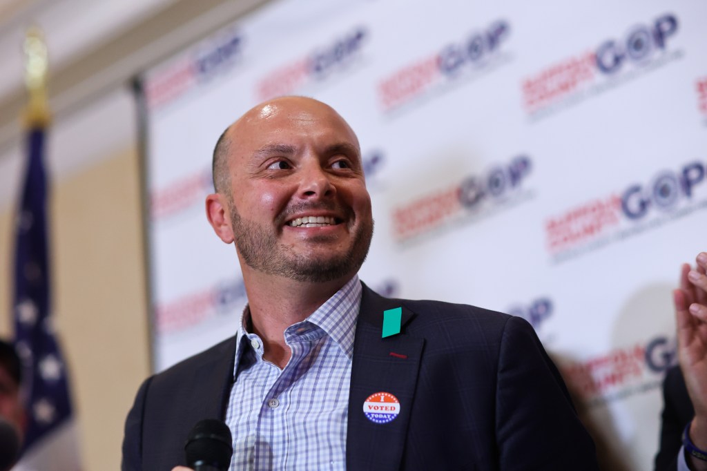 Andrew Garbarino, Republican candidate for Congress 2nd district, speaks at Suffolk GOP Headquarters in Farmingville, New York on Aug. 23, 2022.