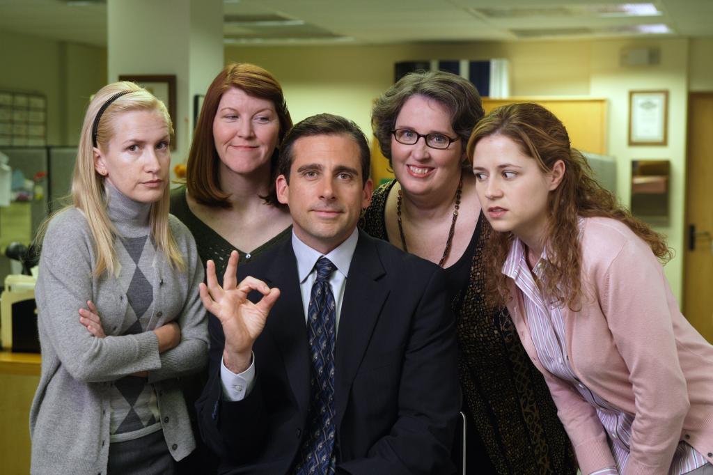 Angela Kinsey as Angela, Kate Flannery as Meredith, Steve Carell as Michael Scott, Phyllis Smith as Phyllis, Jenna Fischer as Pam Beesley.