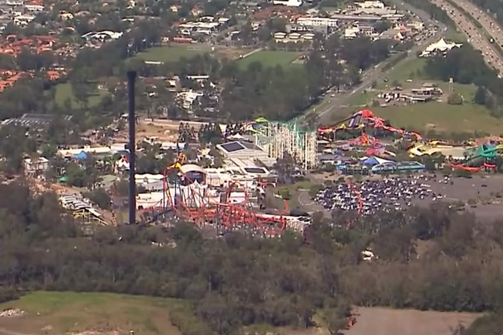 Rides at Dreamworld theme park can be seen in an aerial shot.