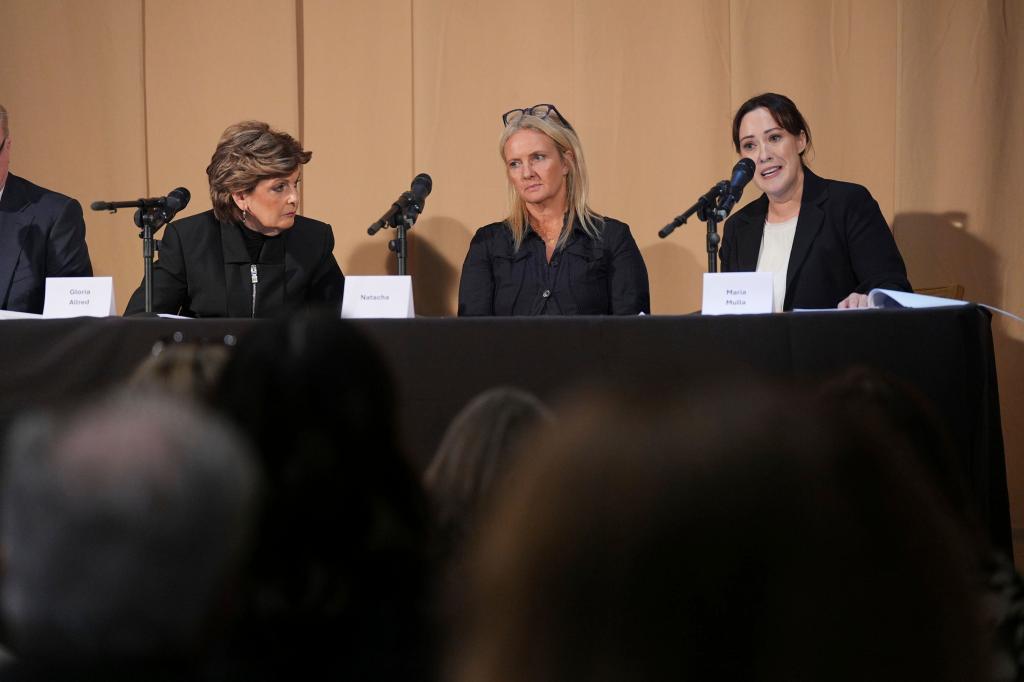 Gloria Allred, Natacha, and barrister Maria Mulla, sitting at a press conference table with microphones, addressing legal allegations against Harrods.