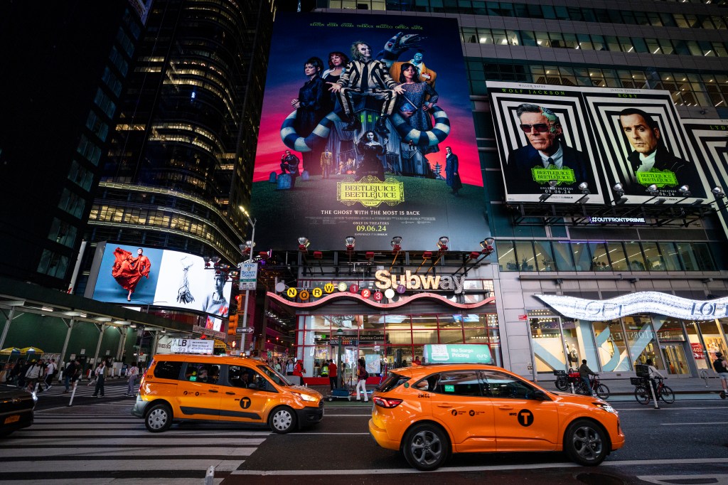 Beetlejuice Beetlejuice billboard illuminated at night in Times Square, New York City, on September 04, 2024