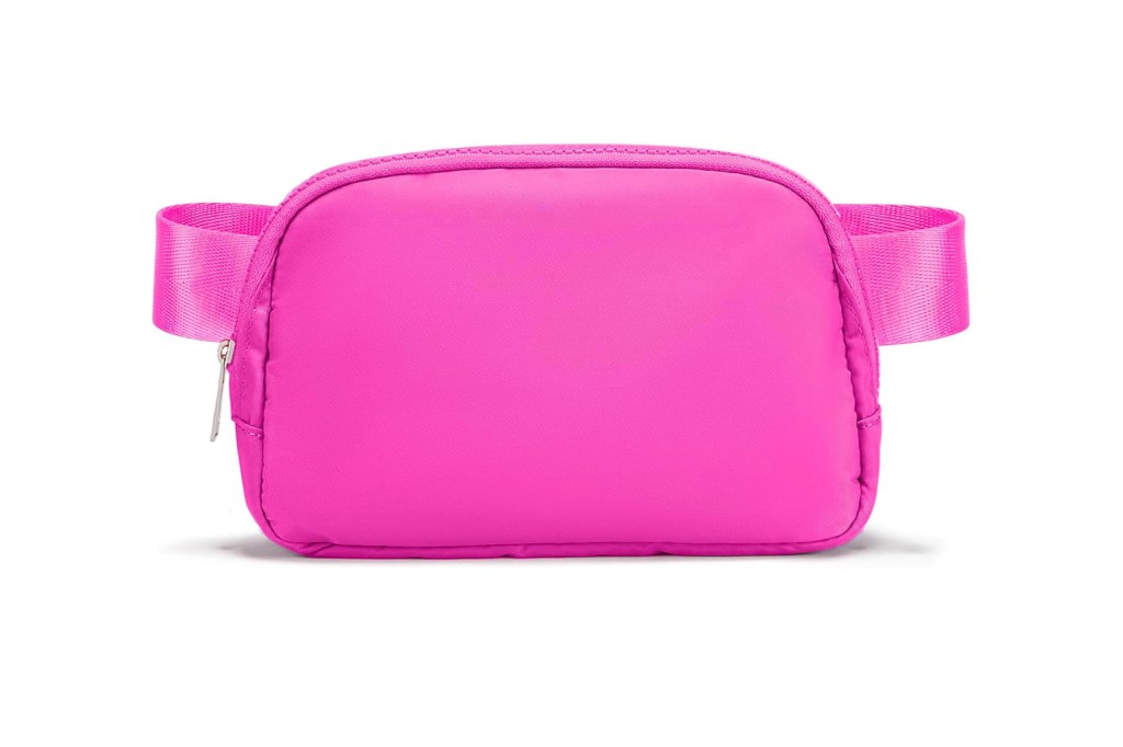 A pink beltbag with a strap