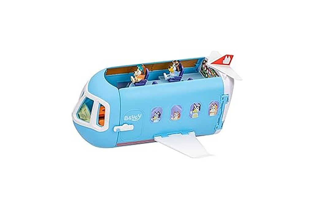 A blue toy airplane with cartoon characters inside