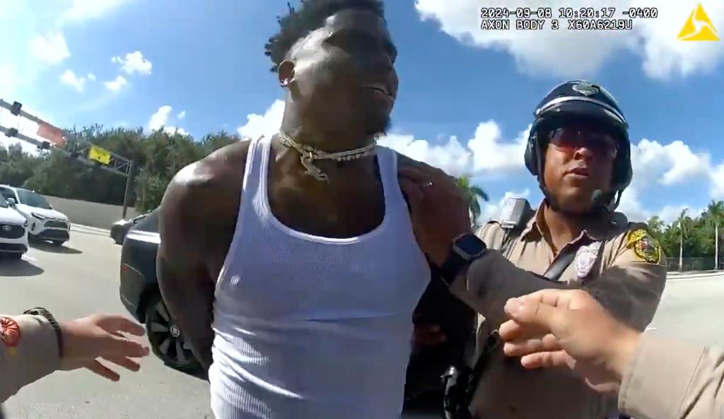 A body cam image that shows Miami Dolphins receiver Tyreek Hill during a traffic stop Sept. 8.