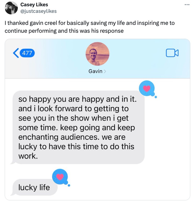 A text message Gavin Creel sent Casey Likes, which Likes posted on X following Creel's death.