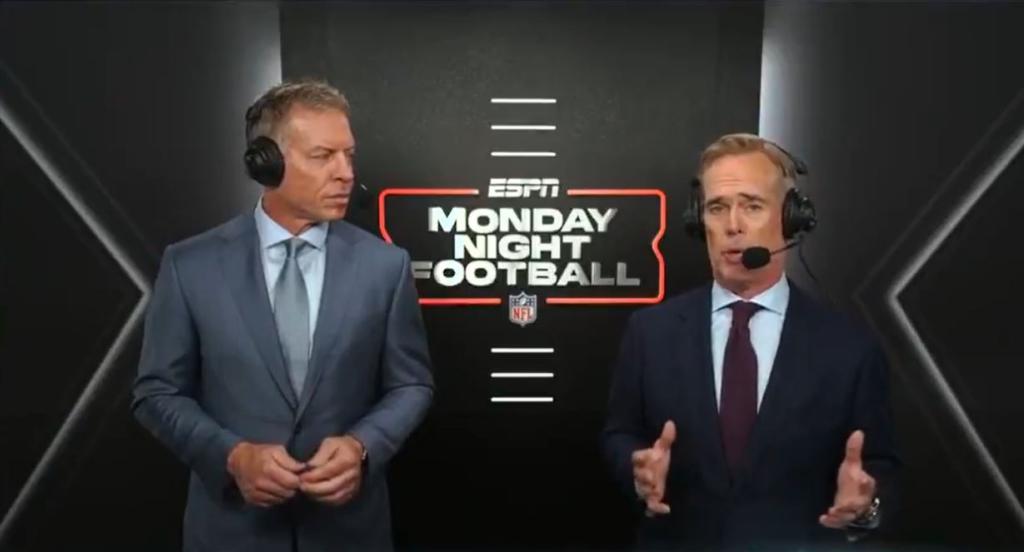 Joe Buck (r.) and Troy Aikman (l.) during the "Monday Night Football" postgame show on Sept. 16, 2024.