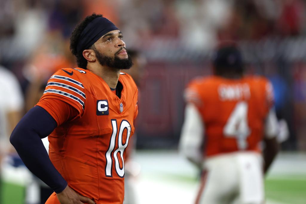 Caleb Williams #18 of the Chicago Bears reacts during the second half against the Houston Texans