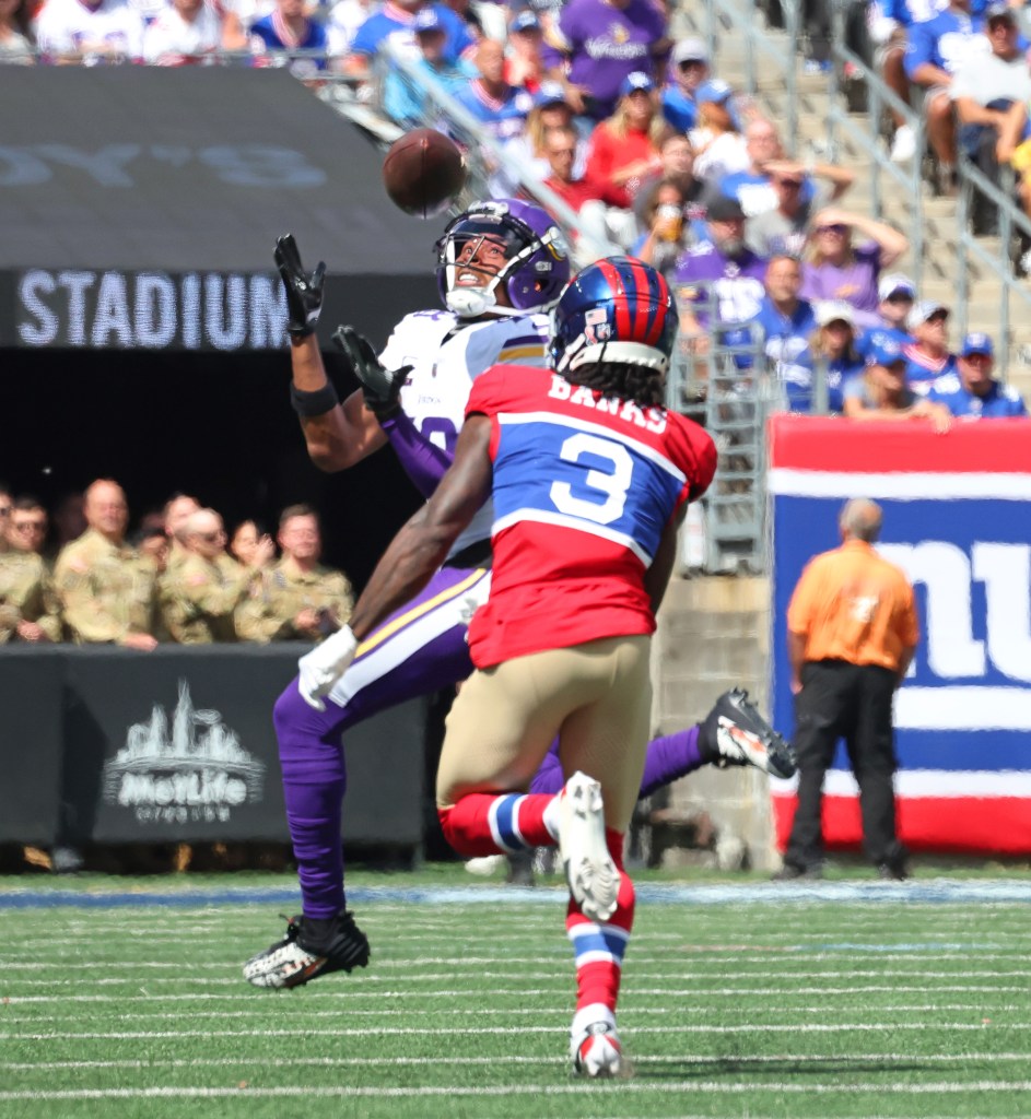 New York Giants cornerback Deonte Banks (3) chases but canât stop a long-yardage pass to Minnesota Vikings wide receiver Justin Jefferson (18) during the first half when the New York Giants played the Minnesota Vikings Sunday, September 8, 2024.