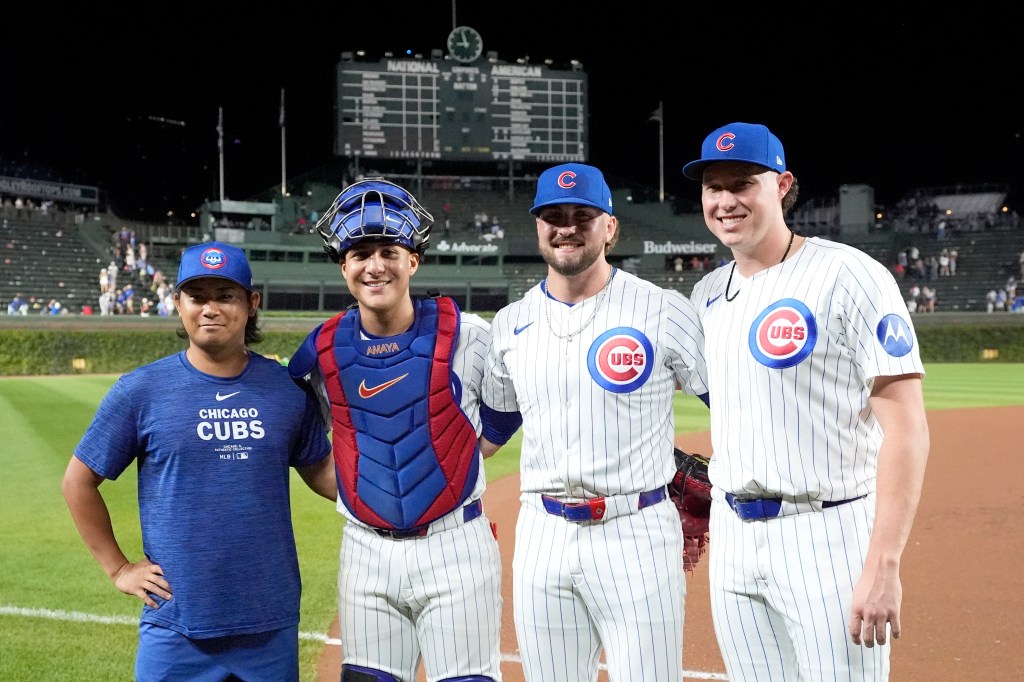 The three pitchers and catcher who played crucial roles in the no-hitter.