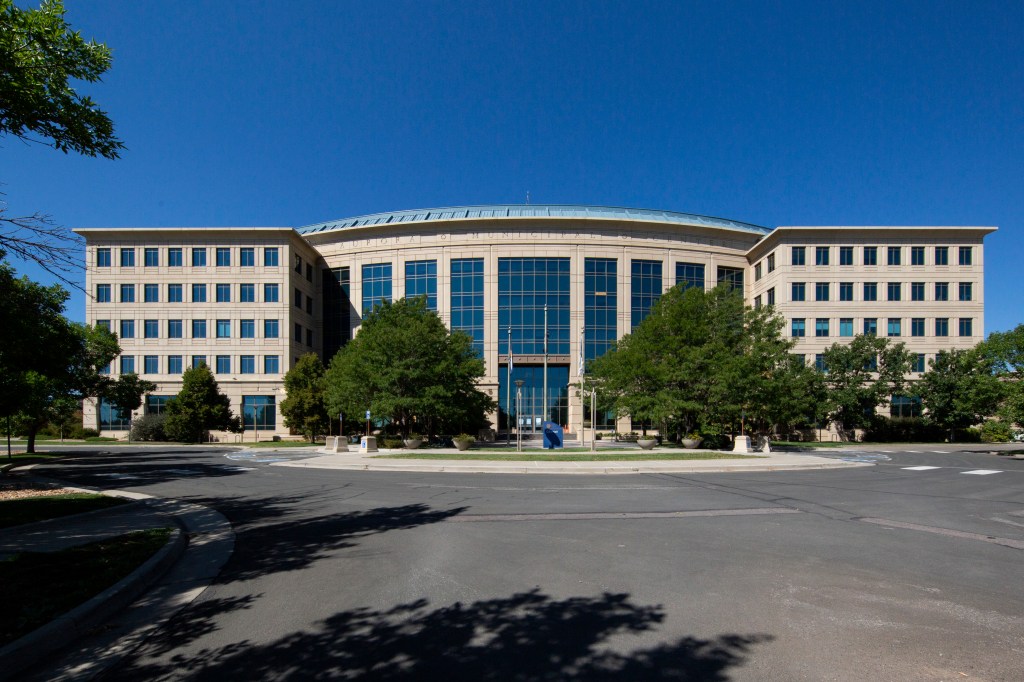 City Hall in Aurora, Colorado, viewed on Friday, September 6, 2024, featuring a large building with trees in its foreground