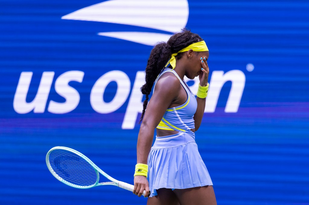 Coco Gauff of the USA reacts during her fourth round match against Emma Navarro of the USA at the US Open Tennis Tournament Sunday, Sept. 1, 2024.