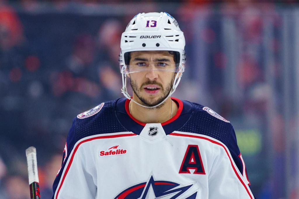 Columbus Blue Jackets' Johnny Gaudreau looks on during an NHL hockey game against the Philadelphia Flyers, Tuesday, April 11, 2023, in Philadelphia.