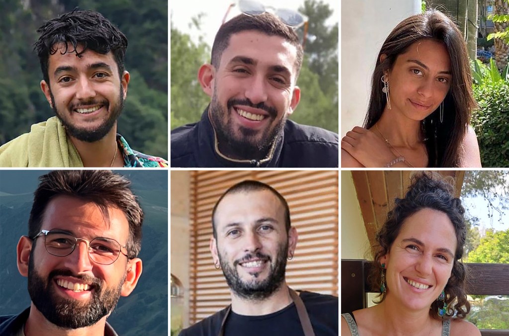 The dead were identified as (clockwise from top left) Hersh Goldberg-Polin, Ori Danino, Eden Yerushalmi, Almog Sarusi, Alexander Lobanov and Carmel Gat.