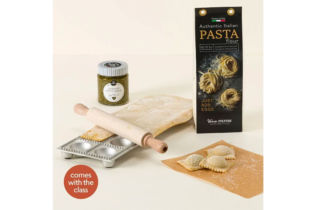 A rolling pin and pasta ingredients for a cooking class