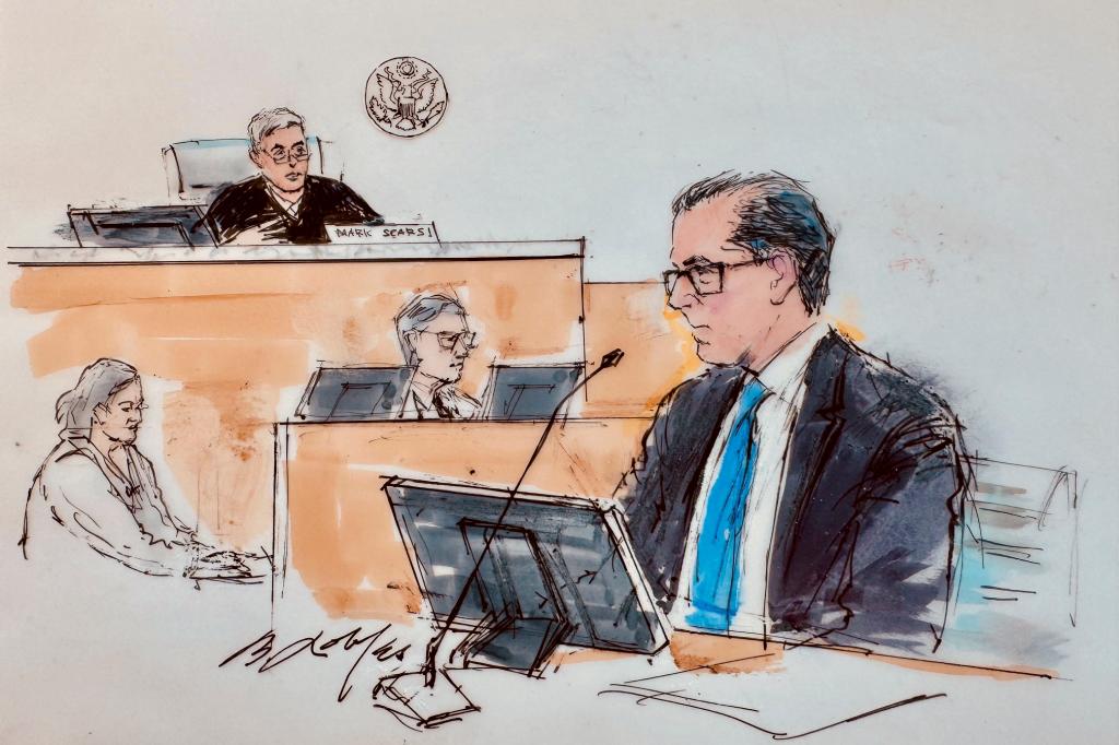 Courtroom sketch of Hunter Biden in a suit and tie, appearing for a hearing in federal court in Los Angeles, pleading guilty to federal tax charges.