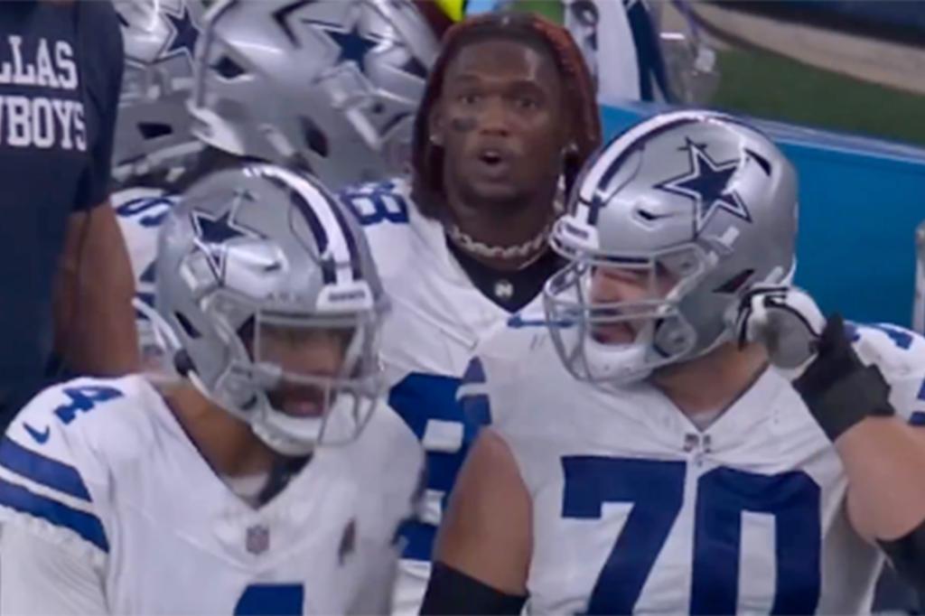 CeeDee Lamb (88) appeared to yell at quarterback Dak Prescott (4) on the sideline.