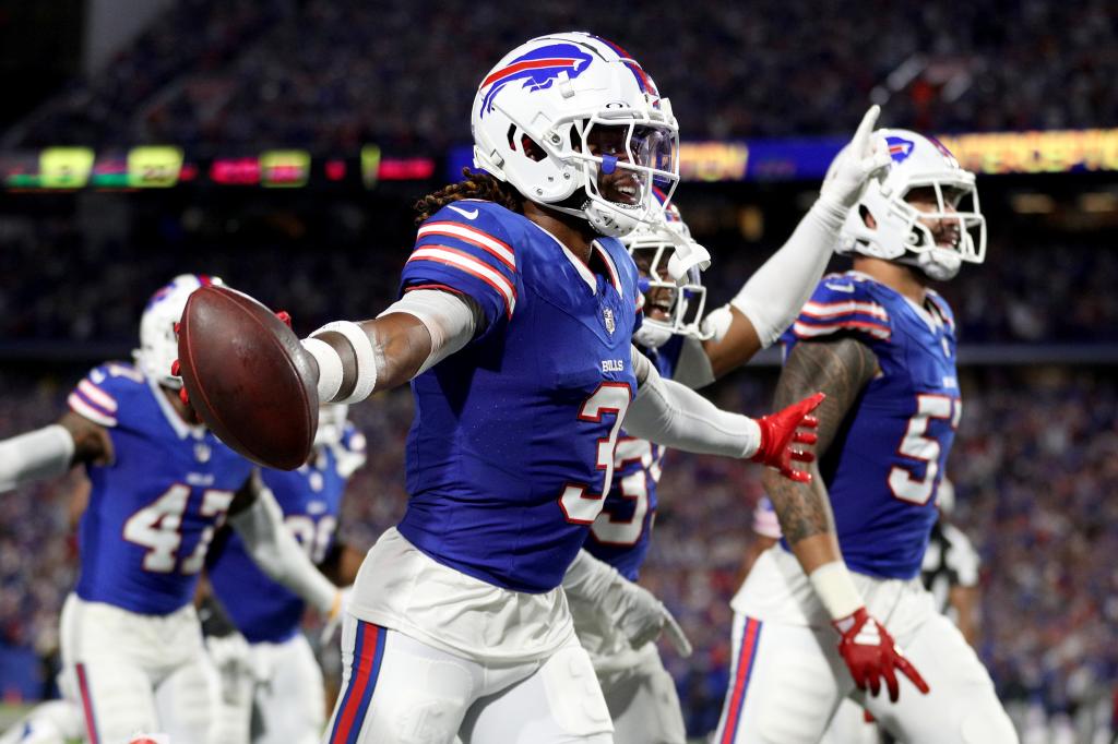 Damar Hamlin of the Buffalo Bills celebrates an interception during the second quarter against the Jacksonville Jaguars at Highmark Stadium on September 23, 2024.