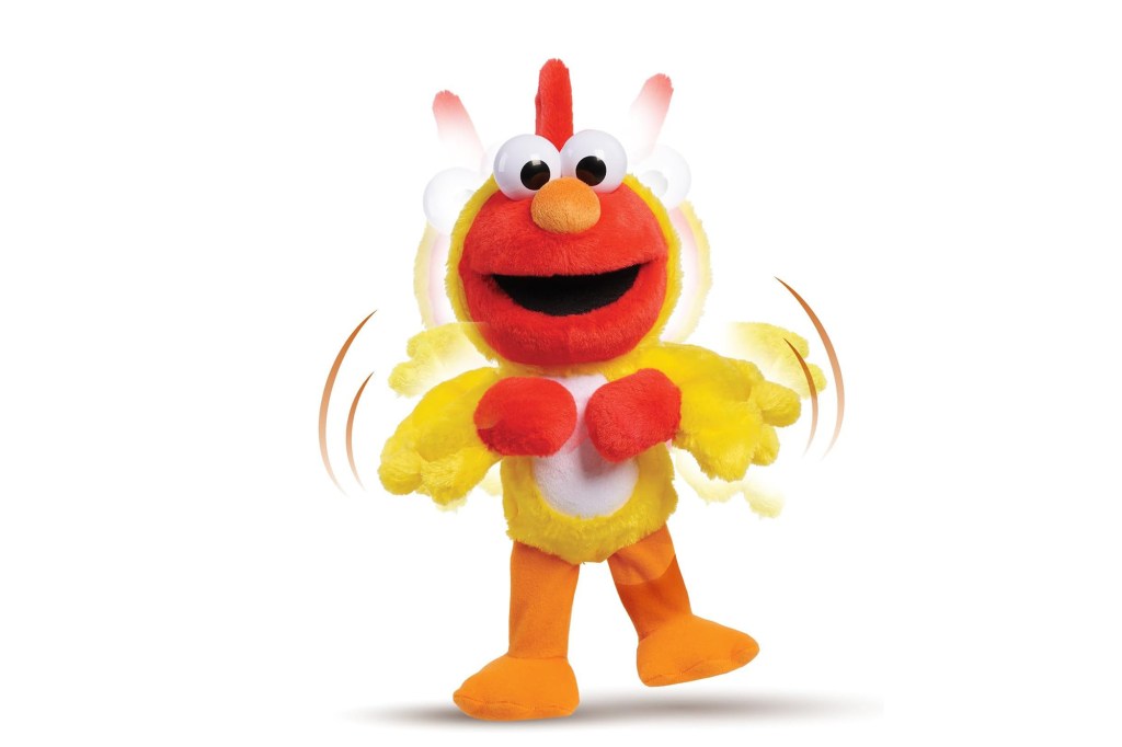 A stuffed animal with a yellow and red body