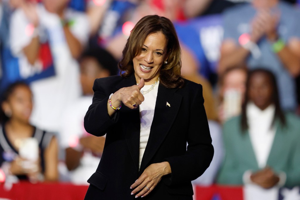 Democratic presidential nominee Vice President Kamala Harris departs after speaking during a campaign event in Charlotte, N.C., Thursday, Sept. 12, 2024. 