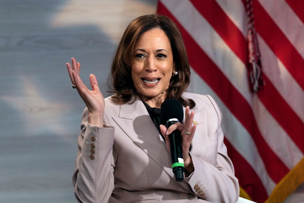 Vice President Kamala Harris being interviewed by members of the National Association of Black Journalists at a studio in Philadelphia