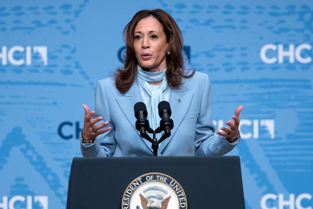 Vice President Kamala Harris speaking at podium during the Congressional Hispanic Caucus Institute Leadership Conference, 2024