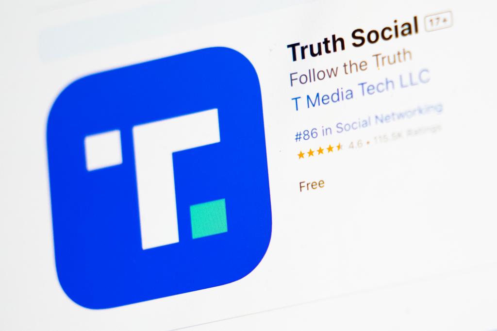 Close-up of the download screen for Truth Social app on a laptop in New York, dated March 20, 2024.