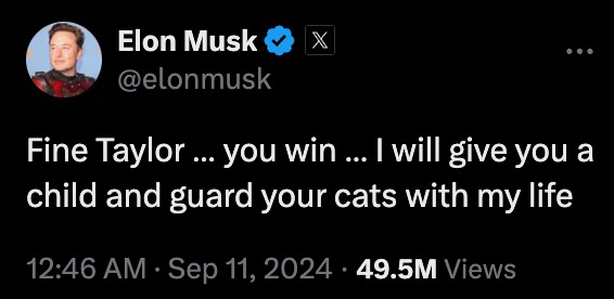 Screenshot of Elon Musk's tweet offering to have a child with Taylor Swift