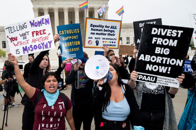 Demonstrators holding various signs advocating abortion rights in front of the Supreme Court, Washington D.C., on May 3, 2022