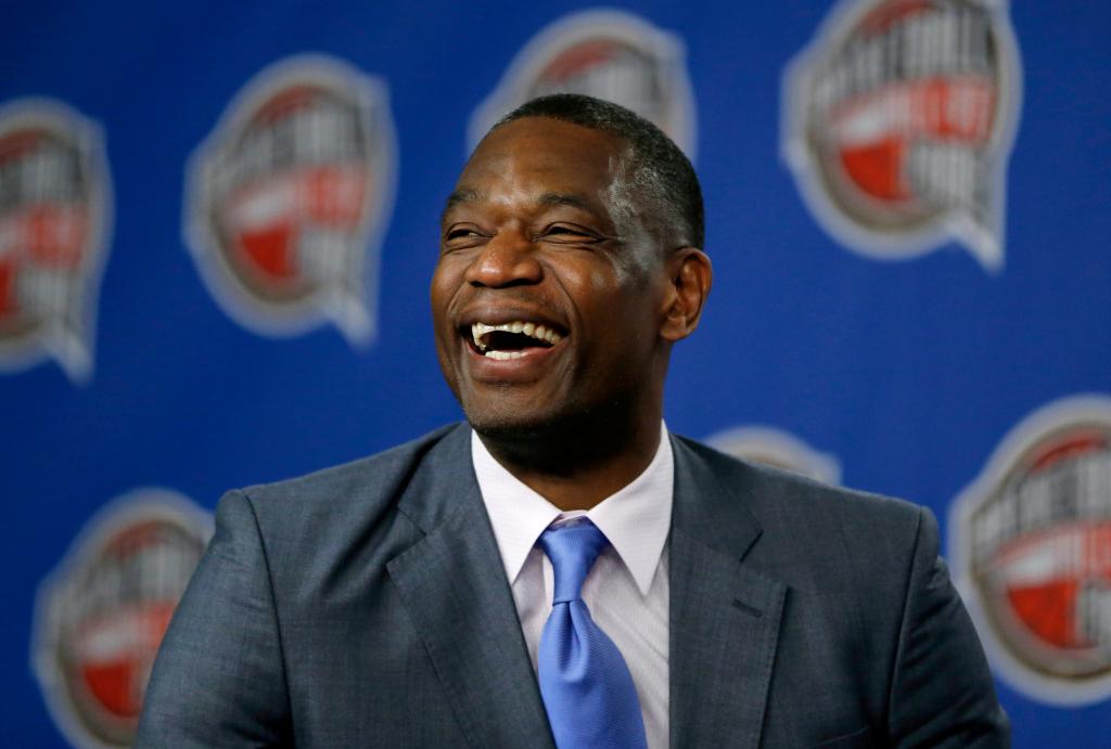 Dikembe Mutombo laughs during a news conference announcing him as one of the 12 finalists of this year's hall of fame class during an event ahead of the NBA All Star basketball game, on Feb. 14, 2015, in New York.  