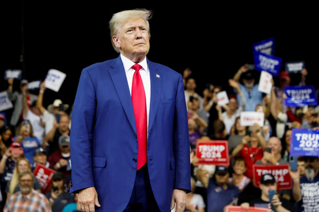 Former U.S. President Donald Trump speaking at a South Dakota Republican party rally in Rapid City, September 8, 2023