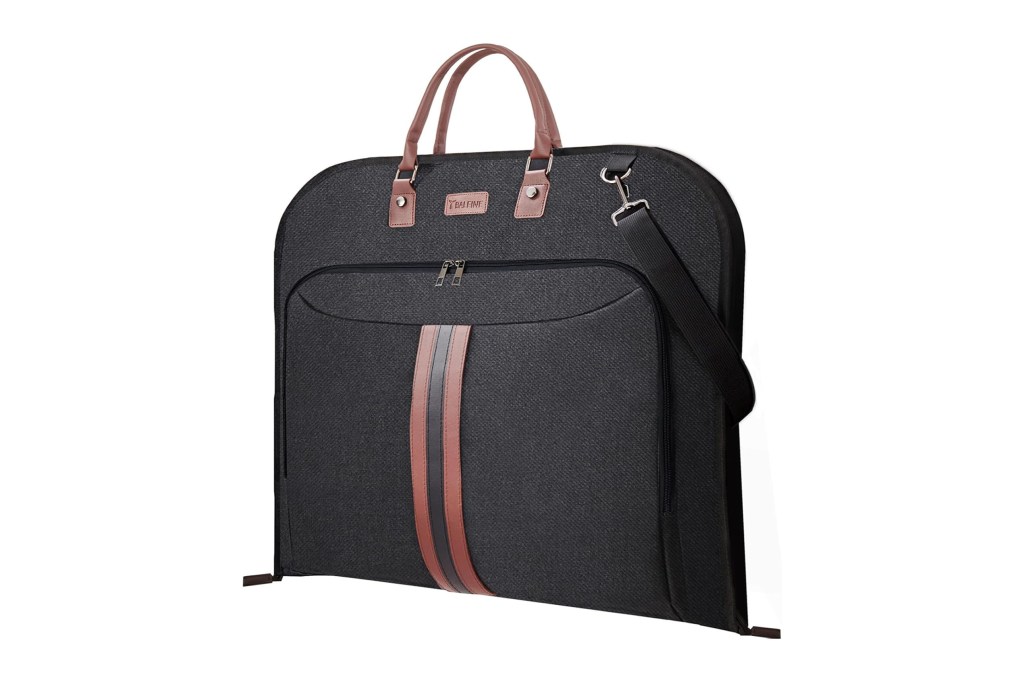 A black and brown garment bag