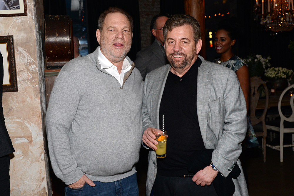 Harvey Weinstein and James L. Dolan smiling together at Bryan Cranston's celebration in New York City, 2015.