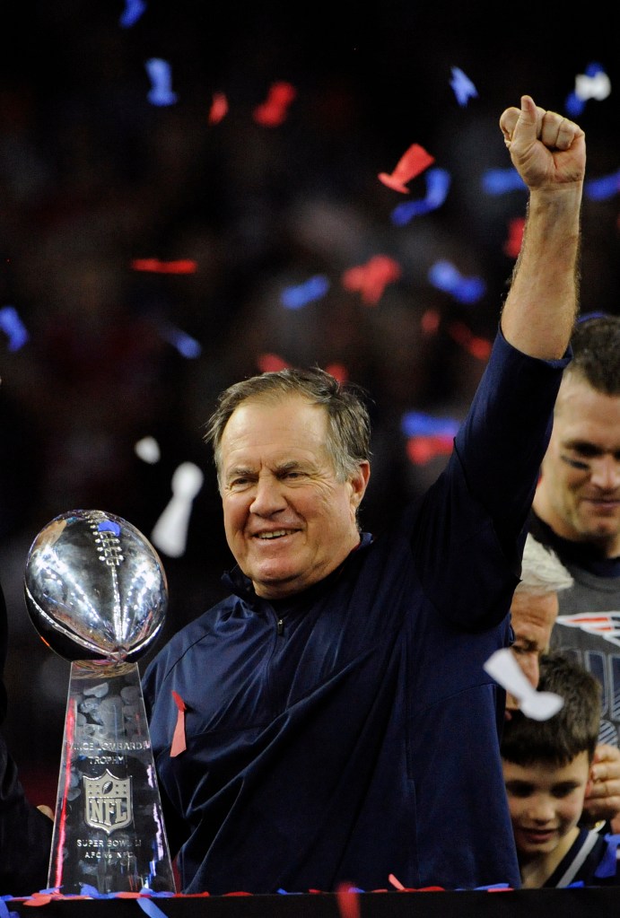 Bill Belichick celebrates the Patriots' Super Bowl win over the Falcons in February 2017.