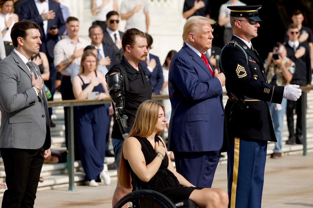 Former President Donald Trump laid a wreath at the Tomb of the Unknown Soldier at Arlington National Cemetery last Monday.