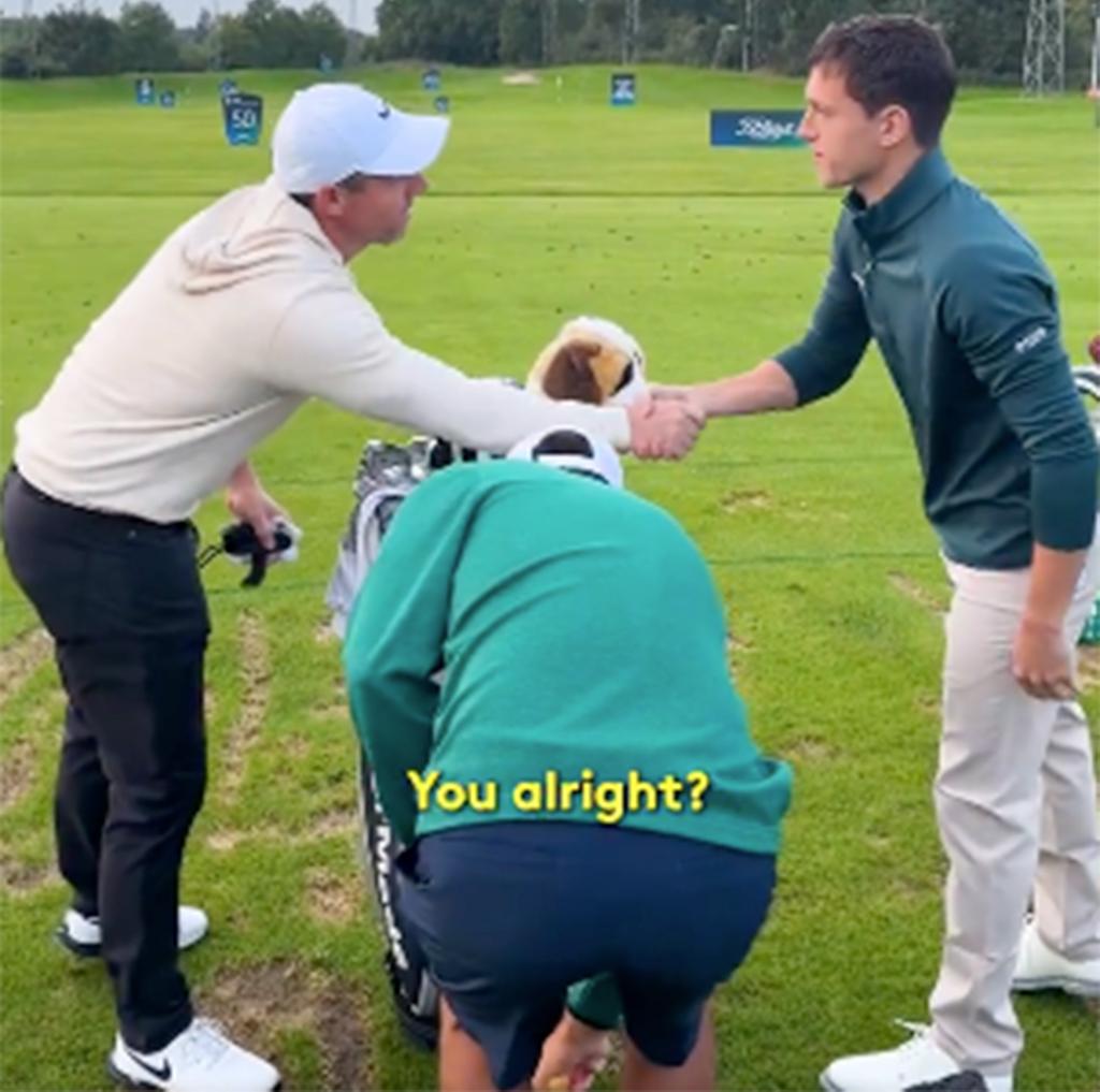 Tom Holland greeted Rory McIlroy at a pro-am before the BMW PGA Championship this week.