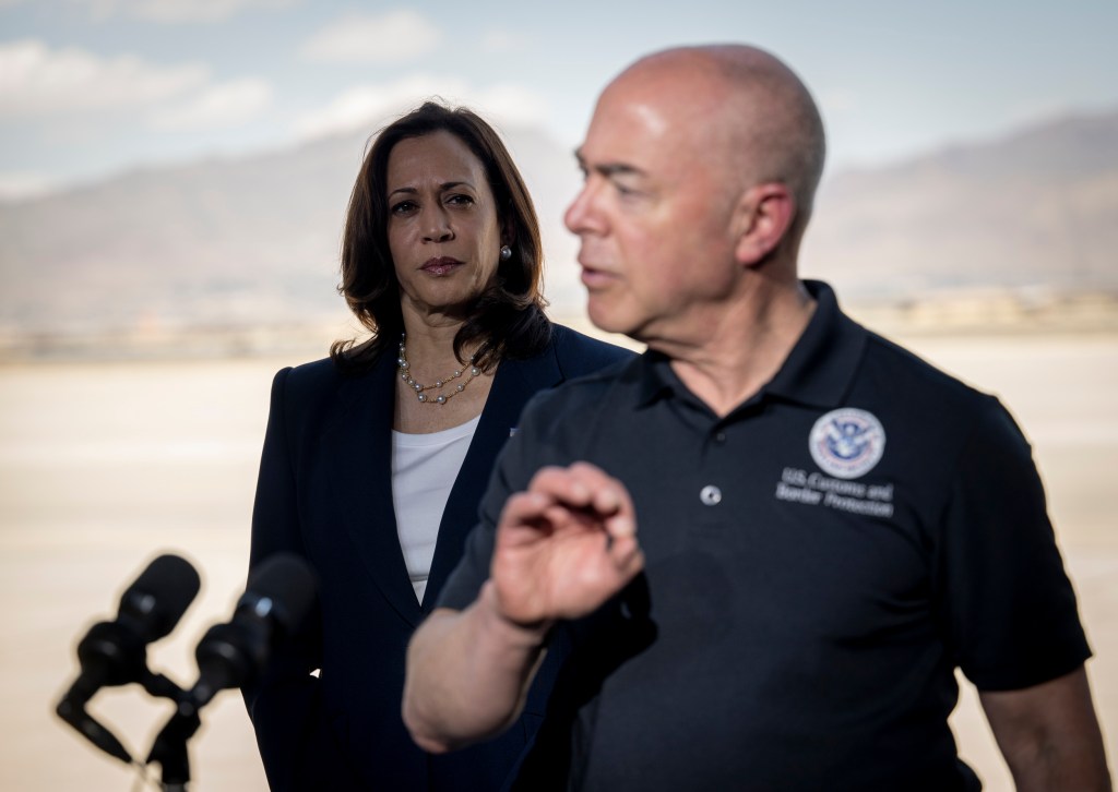 El Paso, TX (June 25, 2021) Homeland Security Secretary Alejandro Mayorkas, along with Vice President Kamala Harris, Senator Dick Durbin, and Representative Veronica Escobar, participate in a press conference in El Paso, TX.