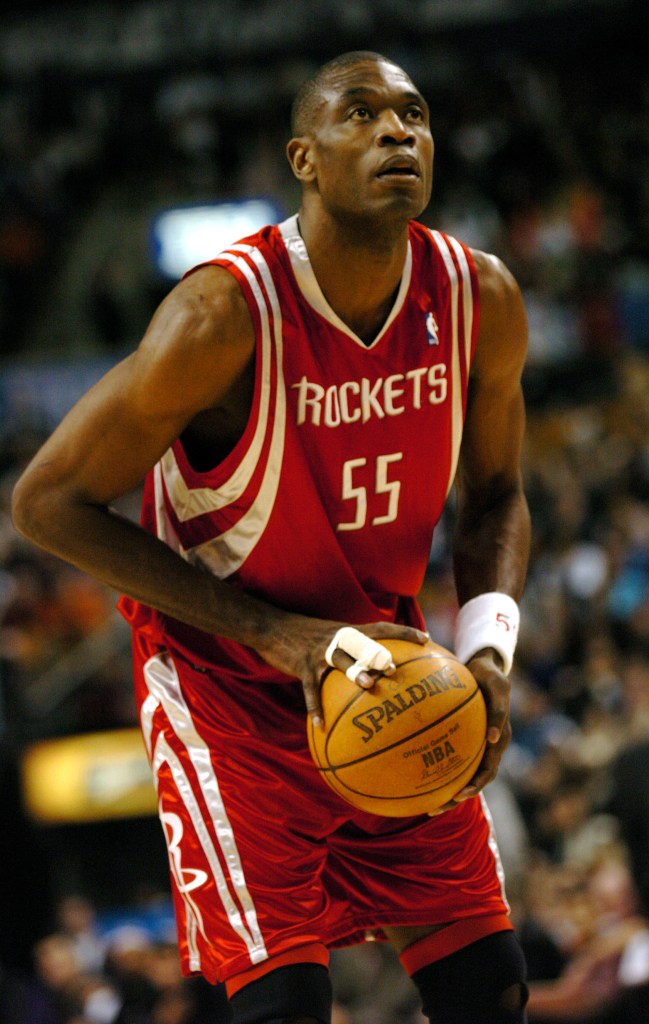 Houston Rockets' Dikembe Mutombo gets set to make a free throw during first quarter action as the Toronto Raptors host the Rockets at the Air Canada Center on January 6, 2006 in Toronto, Canada. 