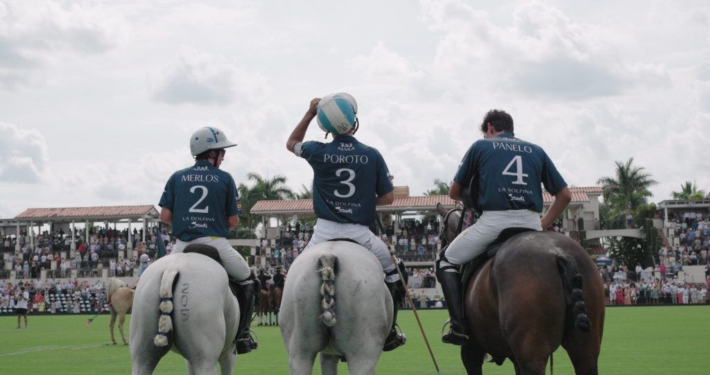 A group of men playing polo on horses, promotional material for Prince Harry's upcoming documentary series